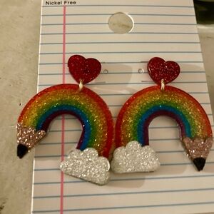 Rainbow Heart Pencil Teacher Earrings NWT